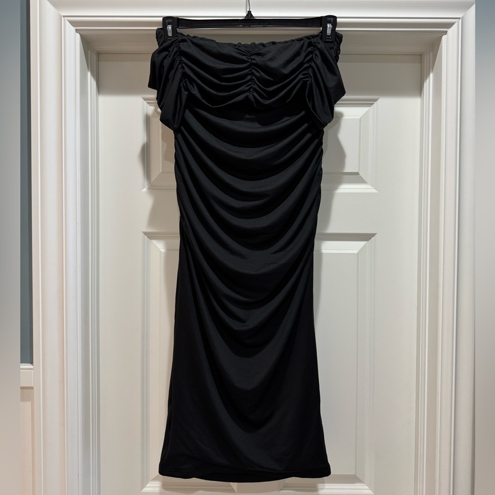 Womens Ruched Bodycon Midi Maxi Dress Off The Shoulder Black Sz M Fitted